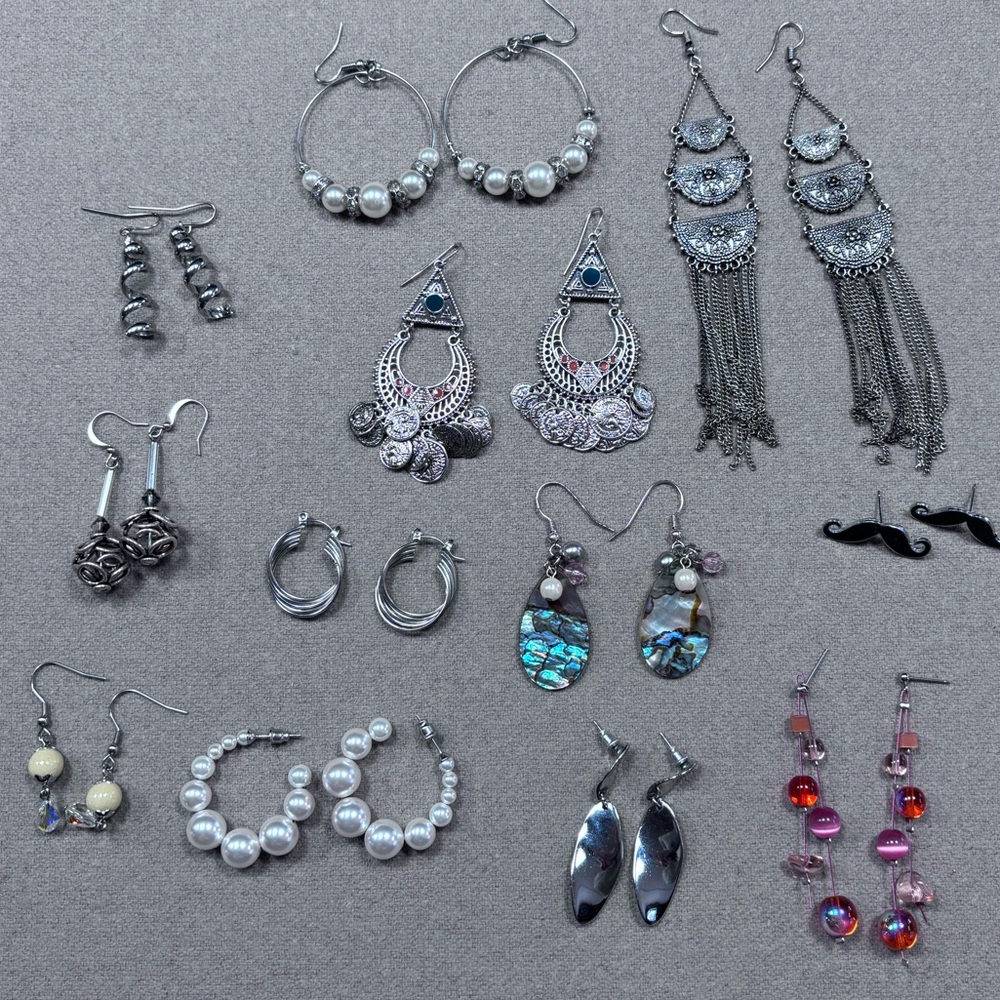 Lot of 12 Pairs Mixed Style Earrings - Boho, Pearl, Statement & Whimsical